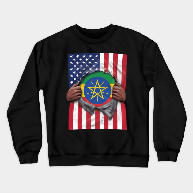 Ethiopia Flag American Flag Ripped - Gift for Ethiopian From Ethiopia Crewneck Sweatshirt by Country Flags